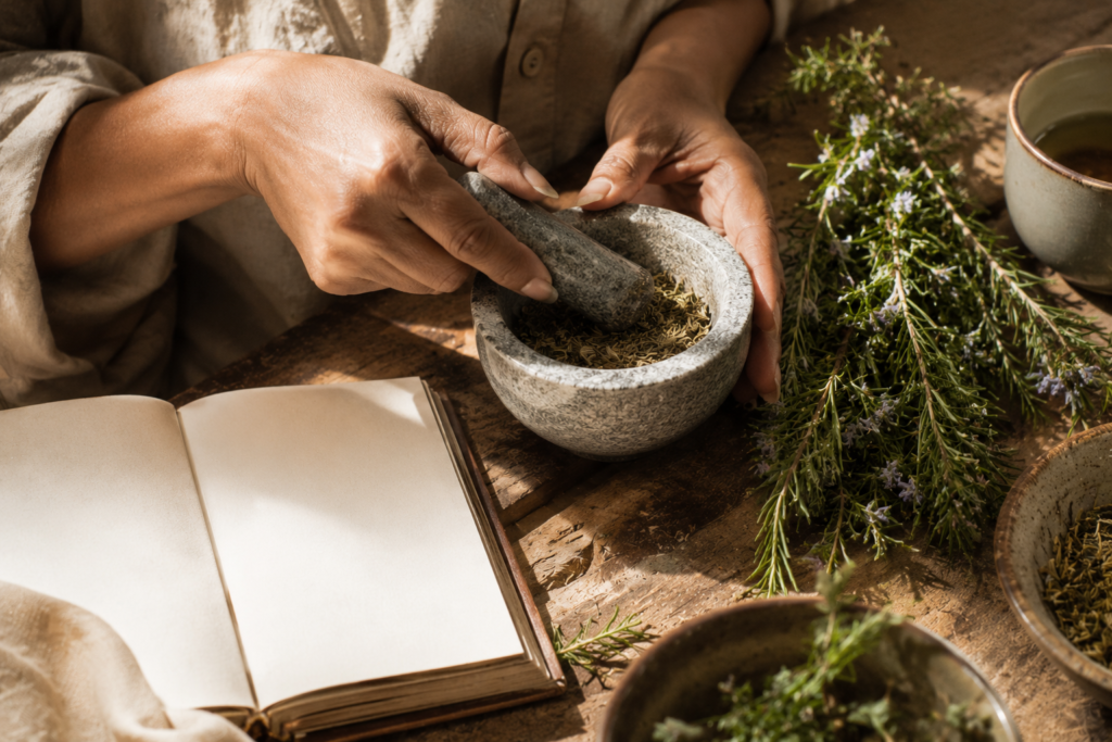 Hands preparing dried rosemary with a mortar and pestle beside fresh herbs

