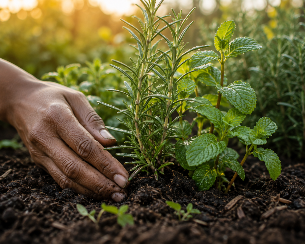 Healthy herbs growing in soil before becoming apotheca botanical ingredients

