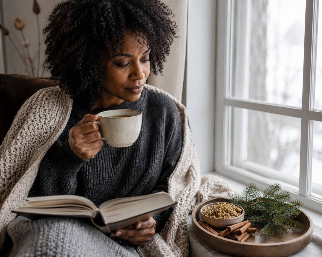 Quiet winter apothecary moment with herbs and a warm botanical infusion