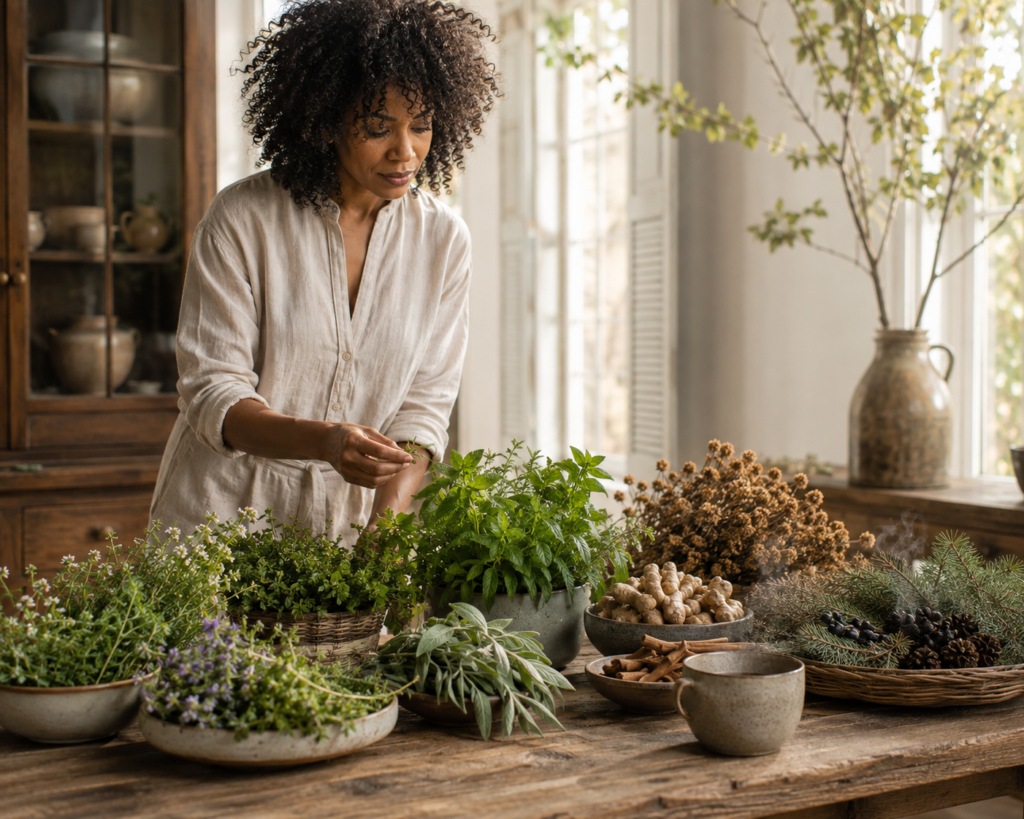 Seasonal apotheca with spring, summer, fall, and winter botanicals