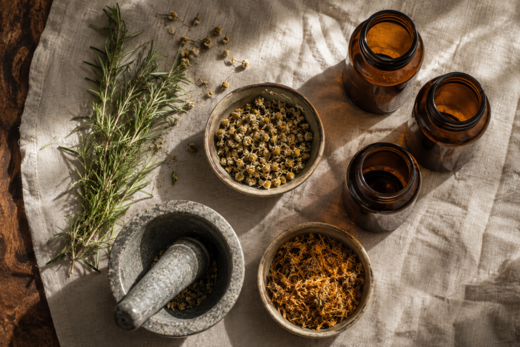 Small curated collection of herbs and botanical tools arranged on natural linen
