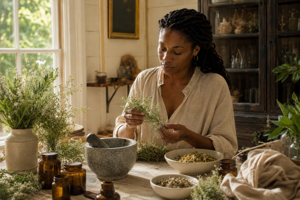 Woman exploring fresh herbs at a sunlit botanical table inspired by a modern apotheca