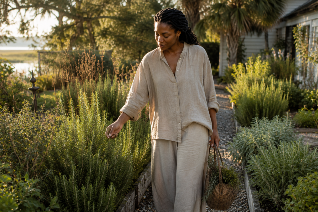  Woman exploring fresh herbs in a Lowcountry-style garden in warm afternoon light

