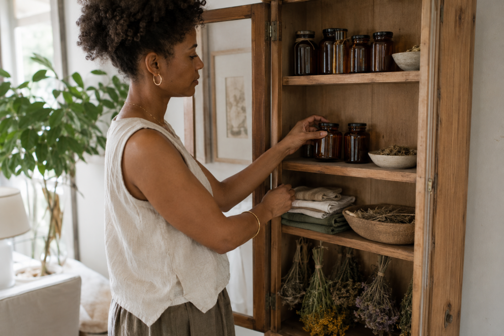 Woman organizing a simple home botanical cabinet with herbs and unlabeled jars
