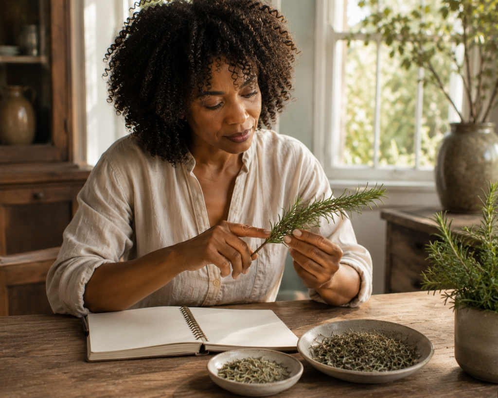 Woman tracing rosemary from fresh herb to dried apotheca ingredient

