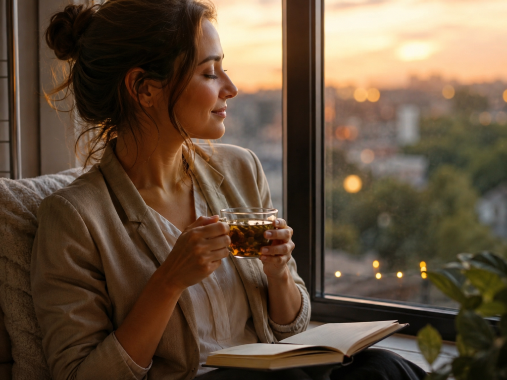 Professional unwinding in the evening with herbal tea and journal by soft window light