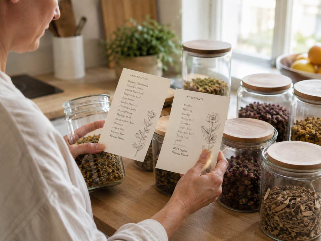 Person comparing botanical ingredient lists in a bright kitchen