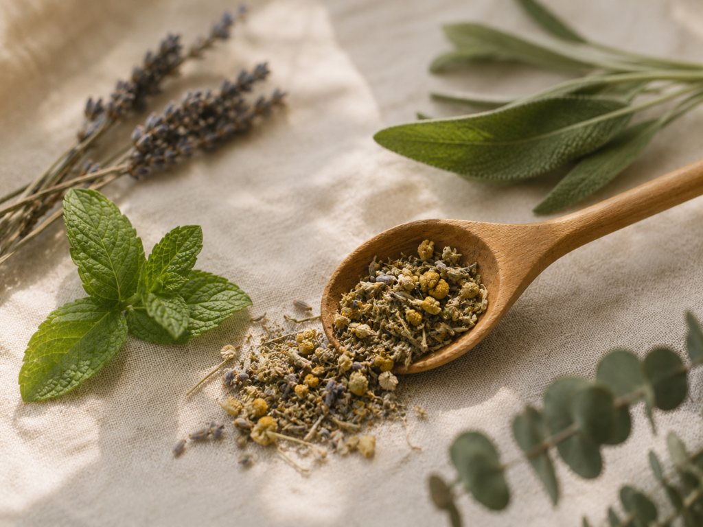 Fresh and dried botanical herbs arranged simply on linen in natural light