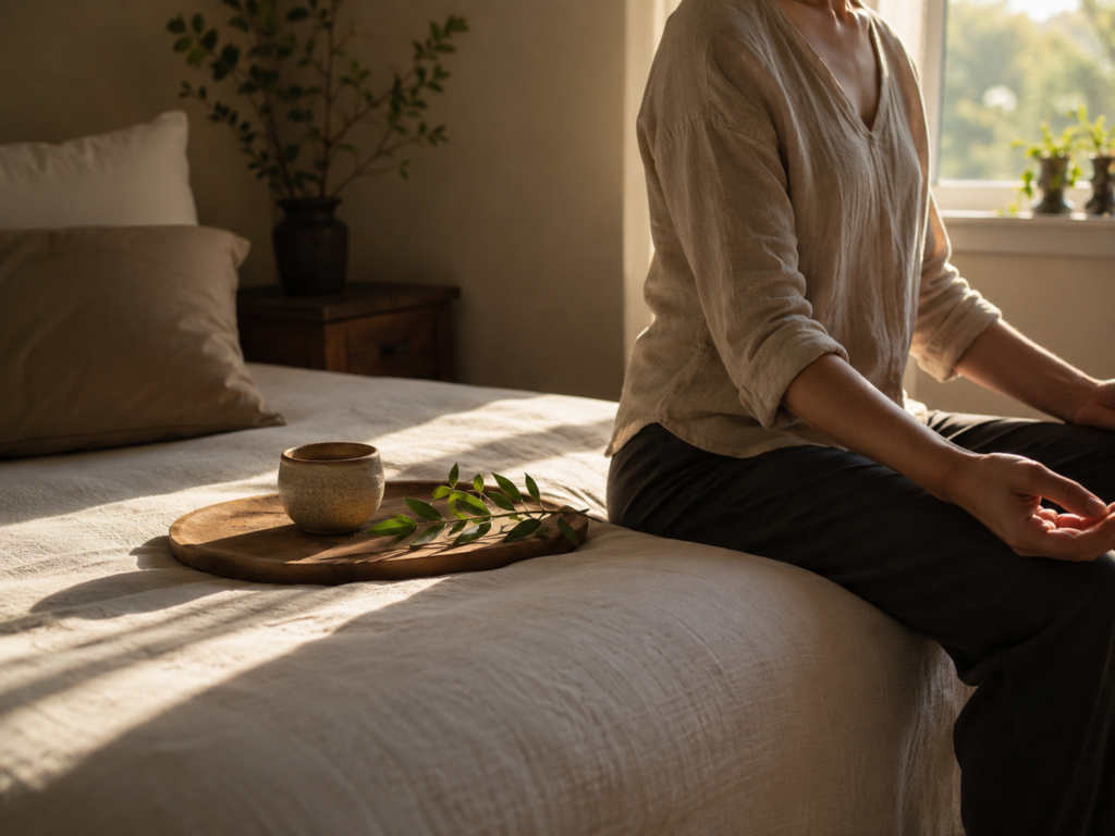Quiet morning moment of mindful breathing in a softly lit bedroom.