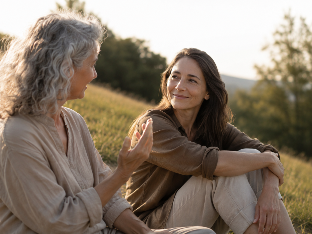 Two people sharing a peaceful outdoor conversation in nature.
