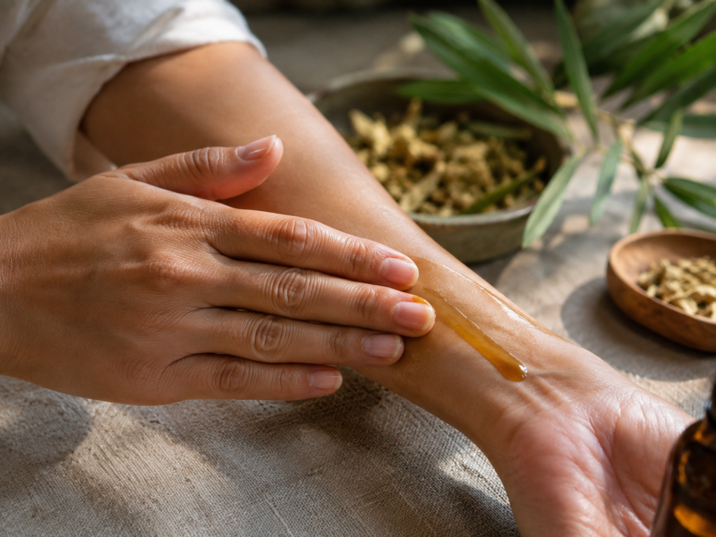 Hands applying natural botanical oil to skin in a gentle self-care ritual.