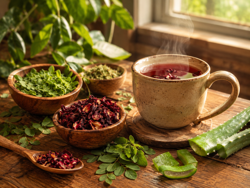 Arrangement of traditional botanicals and herbal tea on a wooden table.