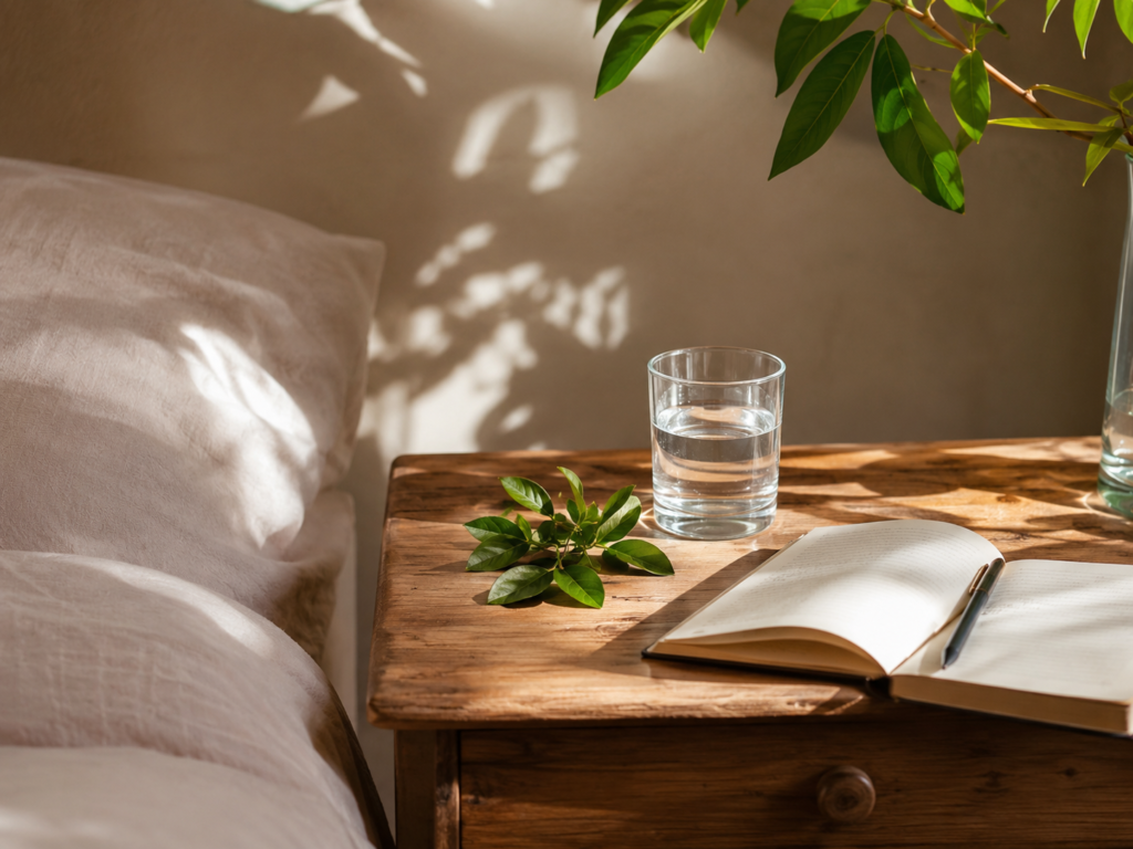 Soft morning light on a wooden nightstand with water, journal, and fresh leaves suggesting a gentle start to the day