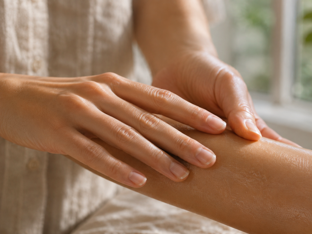 Hands gently applying a natural balm to skin in a mindful self-care moment