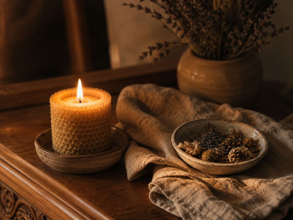 Soft candlelight illuminating dried botanicals and linen in a quiet evening self-care setting