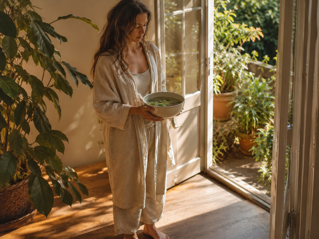 Woman standing barefoot holding a bowl of herbal-infused water near an open doorway to nature