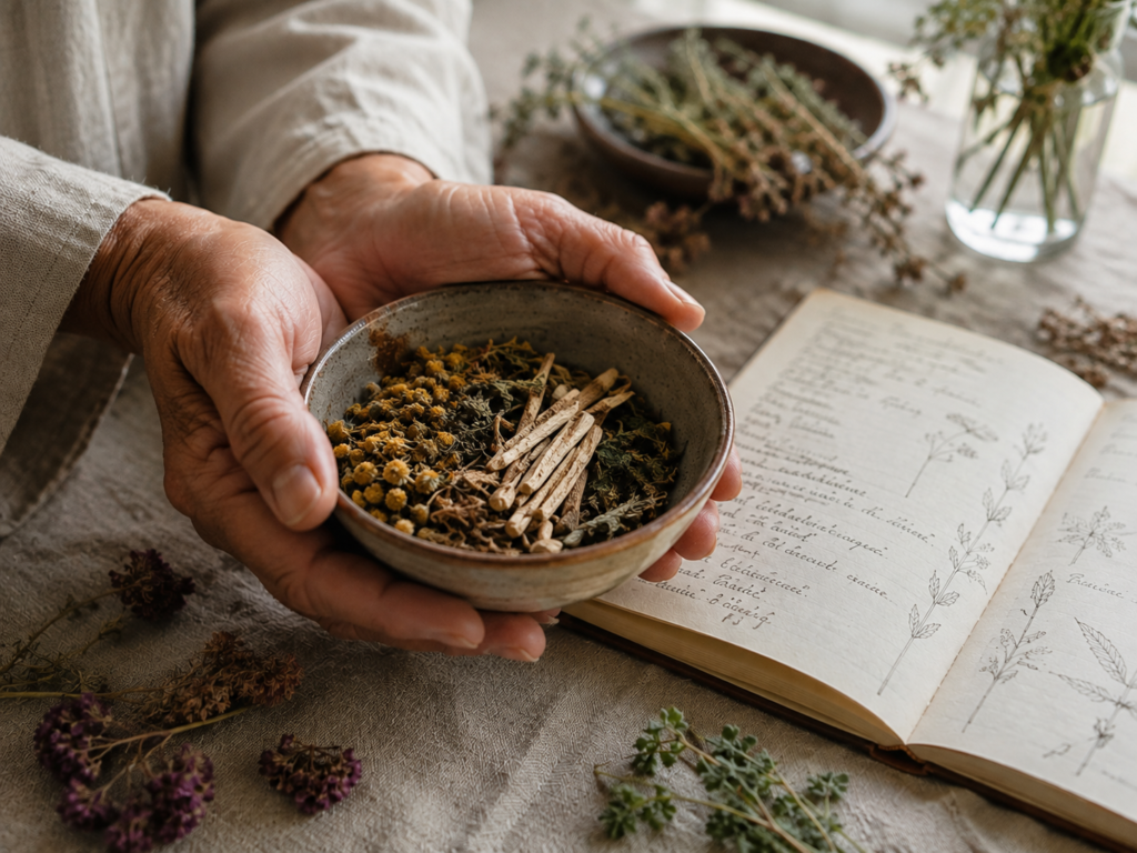 Hands examining dried botanical herbs beside a notebook