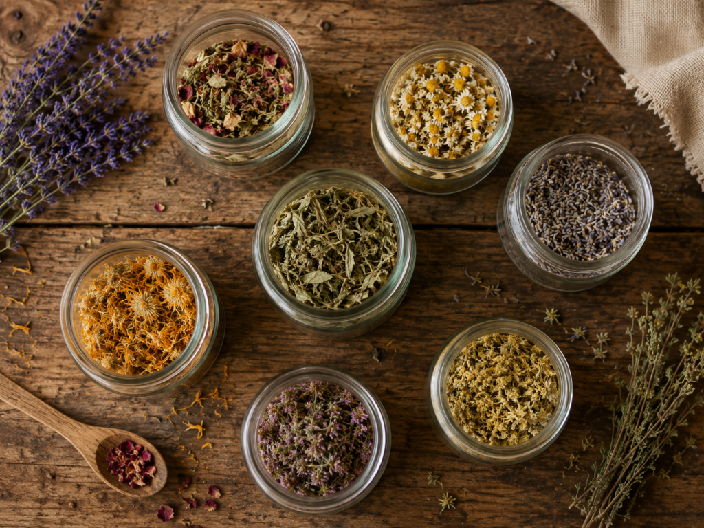 Overhead view of dried herbs in glass jars on wooden table