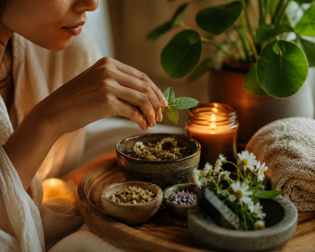 Evening botanical self-care ritual featuring natural ingredients and mindful skincare.