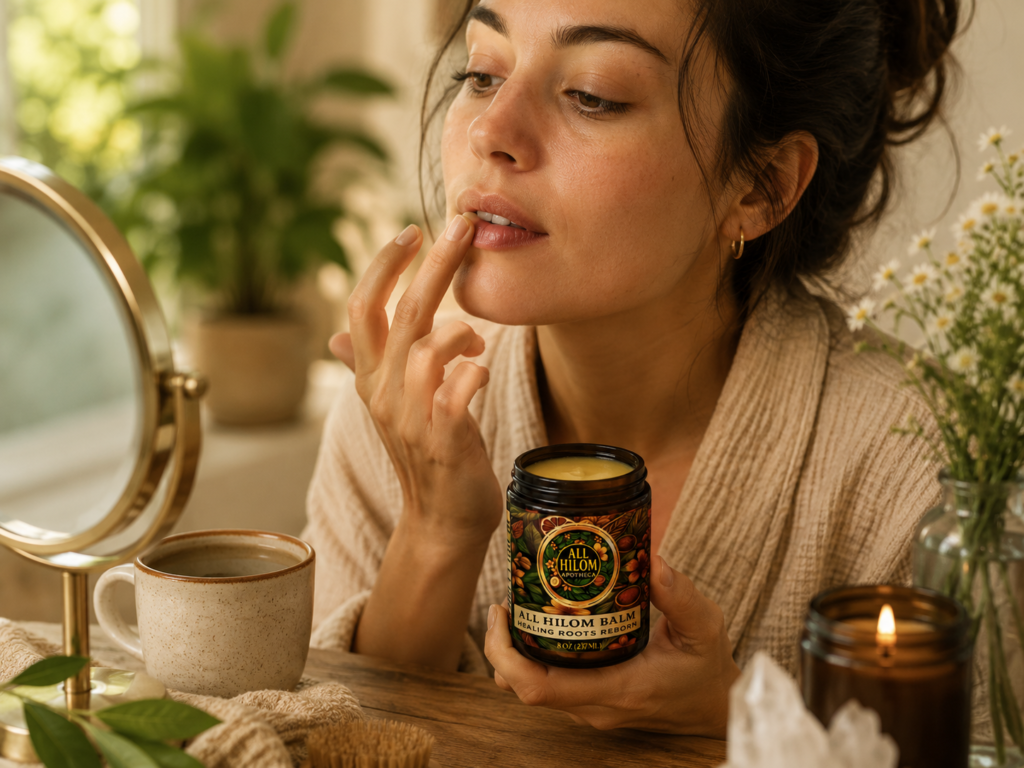Person moisturizing dry lips during a calming morning wellness routine.