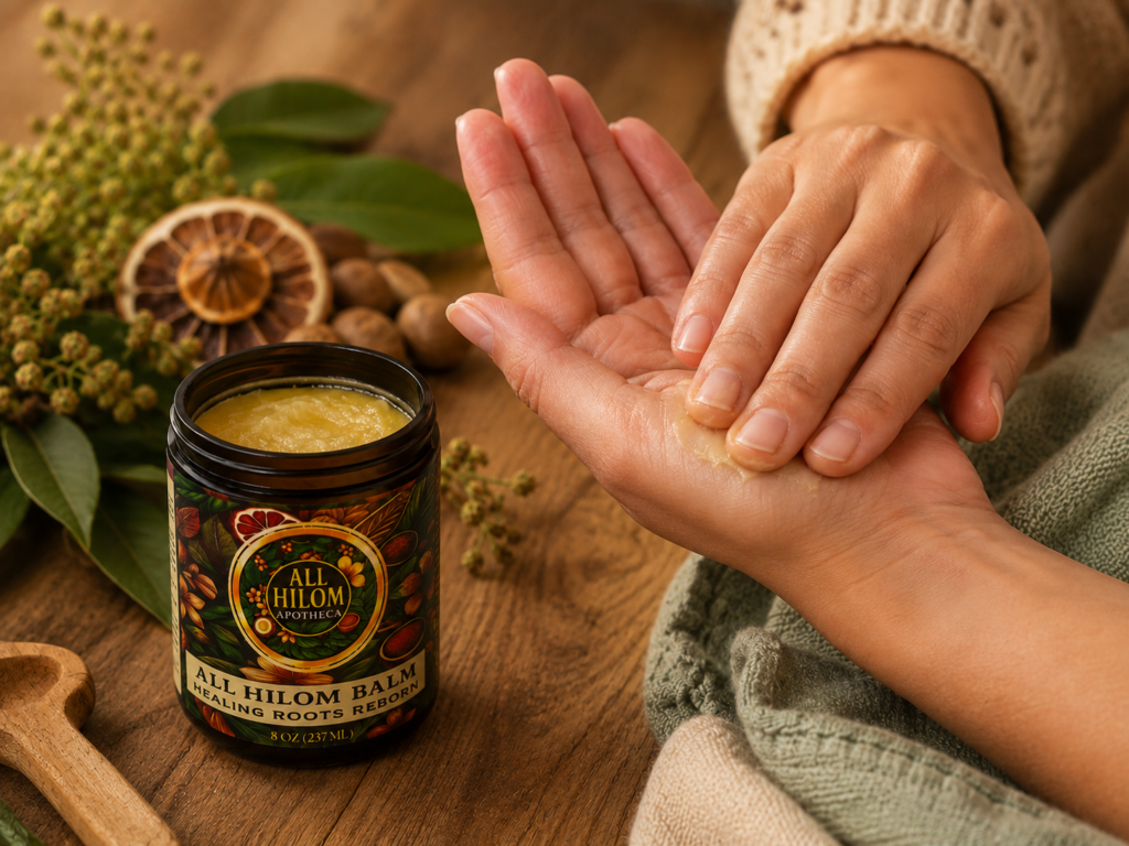 Hands warming botanical balm before applying it to dry skin.