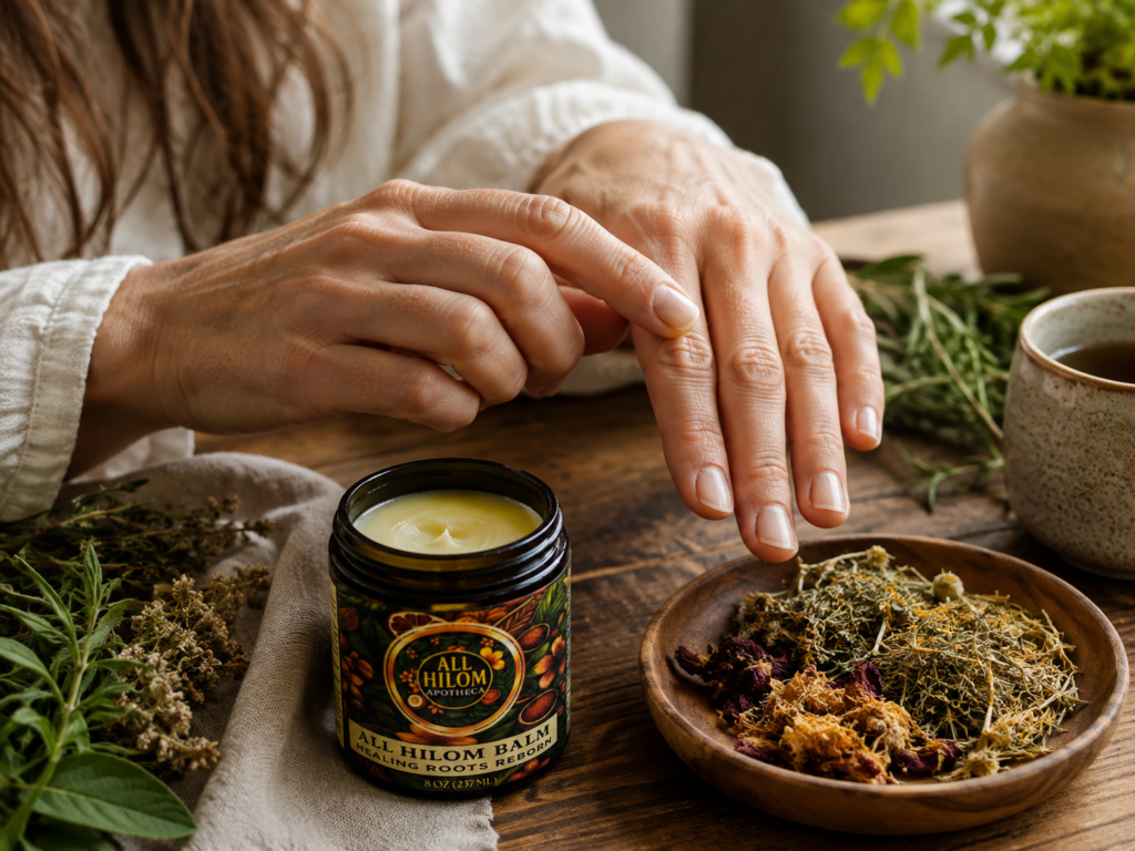 Person applying herbal balm to nourish dry cuticles.