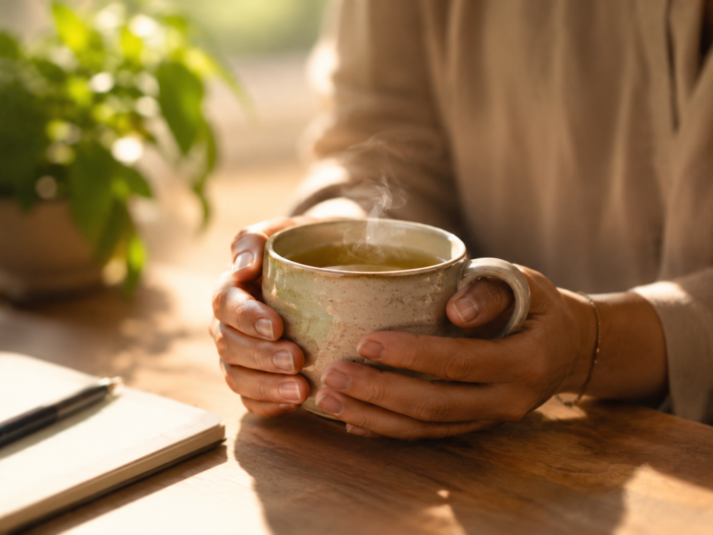 Hands holding a warm mug of herbal tea in soft morning light