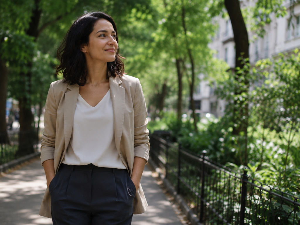 Professional taking a mindful outdoor break in a green park during the workday