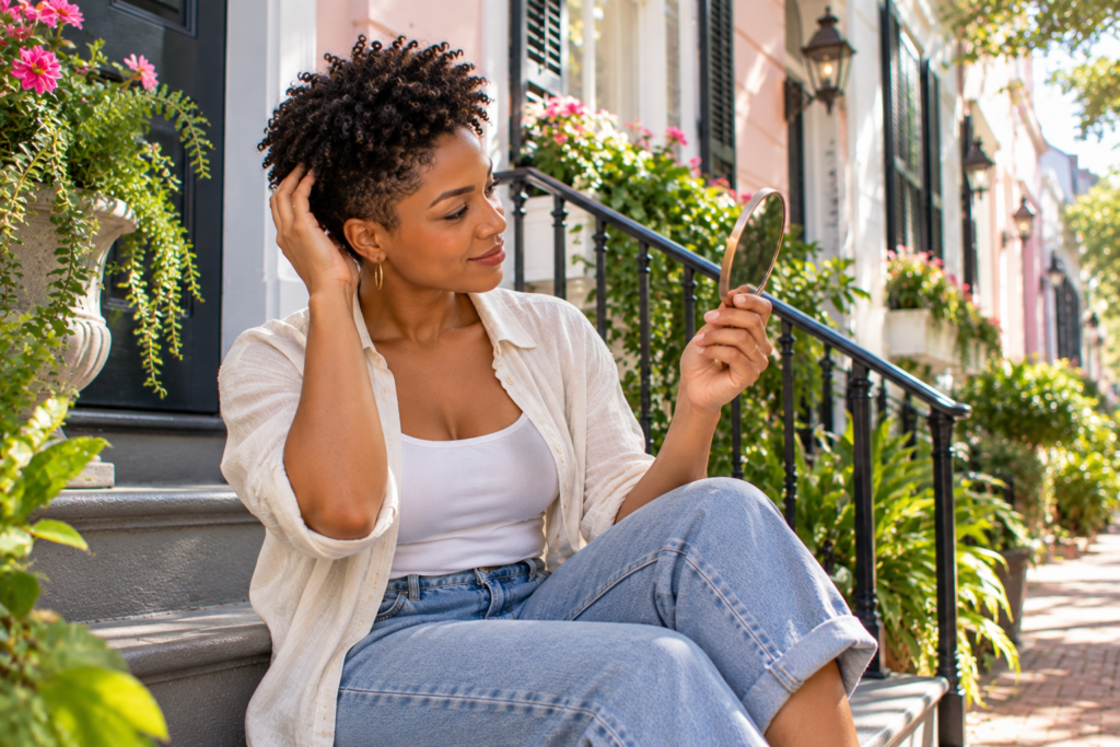 Your Hair Shelf Should Change When Your Hair Does Woman adjusting to a shorter natural hairstyle in charleston