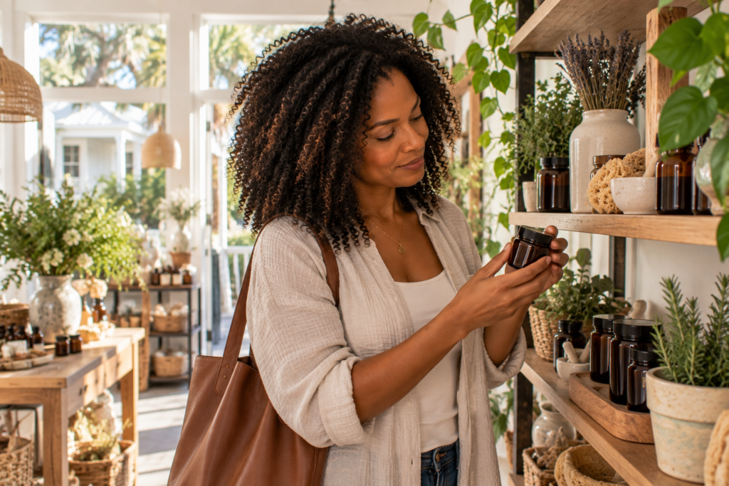 Woman exploring botanical wellness options near Johns Island South Carolina