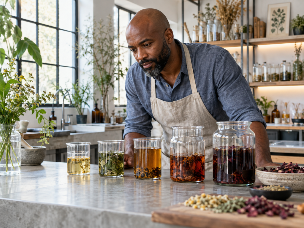 Botanical preparation demonstration showing different stages of plant infusion in an apotheca-inspired setting