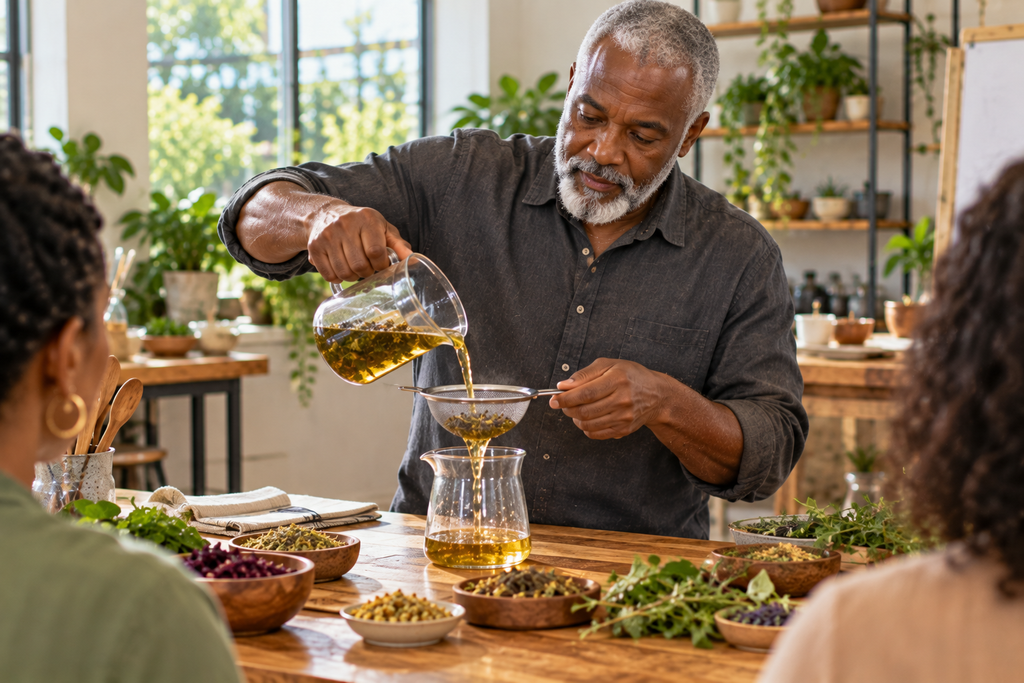 Before Botanicals Become Products: Why the Preparation Process Matters Demonstrating filtration during a botanical preparation workshop