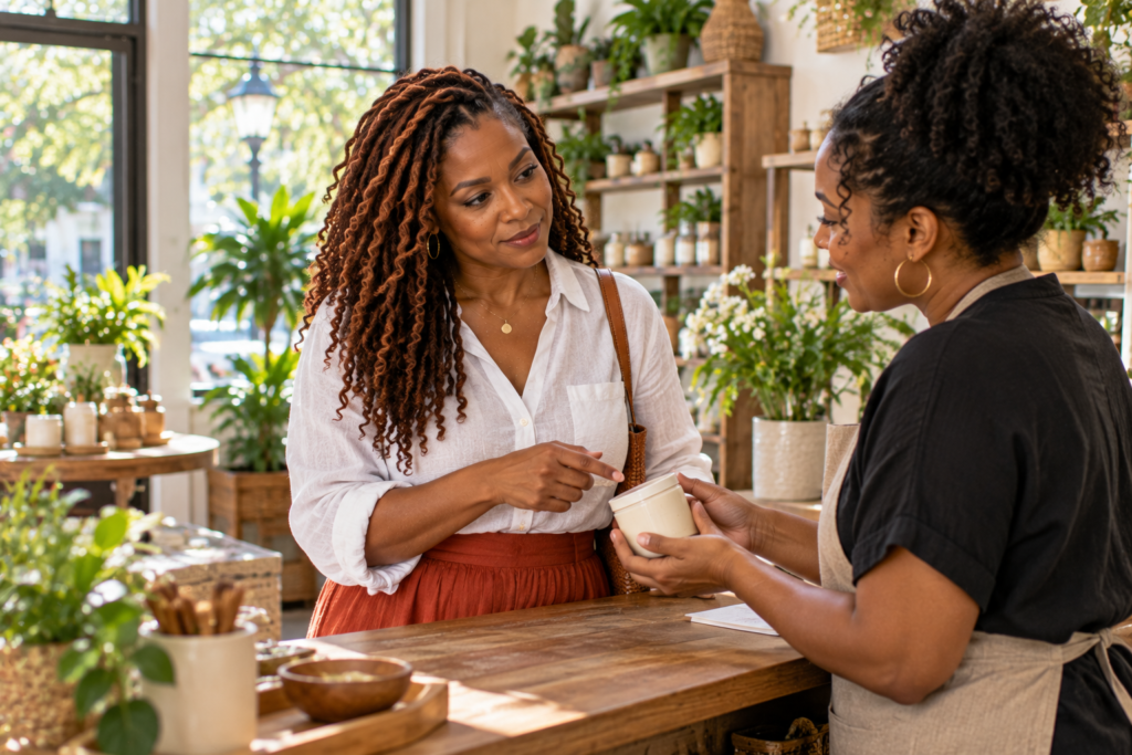 Discussing suitable botanical hair care alternatives at a Charleston shop