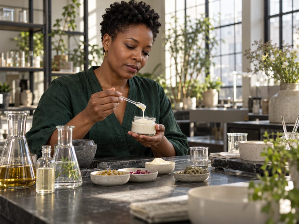 exploring botanical preparation textures in a modern apotheca setting
