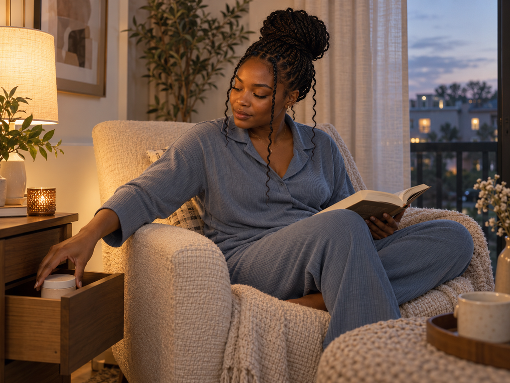 Keeping an evening skincare essential organized near a bedtime routine