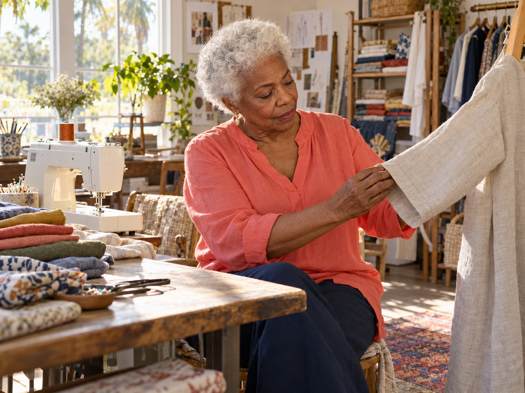 Your Skin Doesn't Have to Look Perfect to Feel Well Cared For Mature woman with naturally textured skin enjoying an everyday creative activity