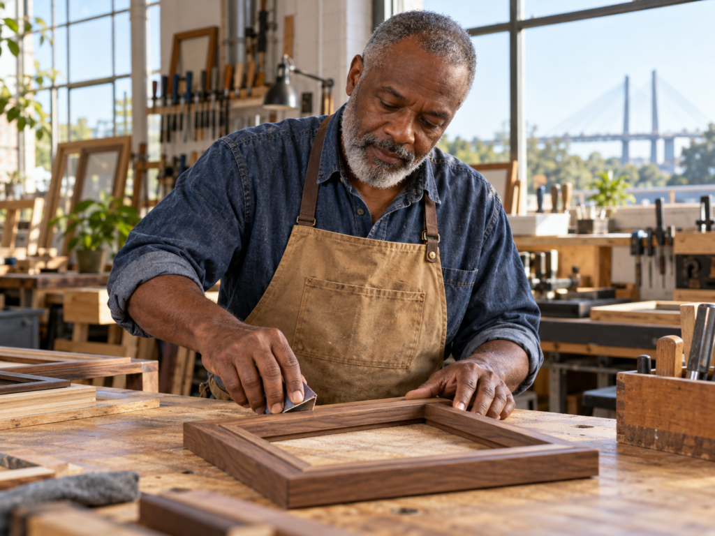 North Charleston craftsman using his hands during a woodworking project