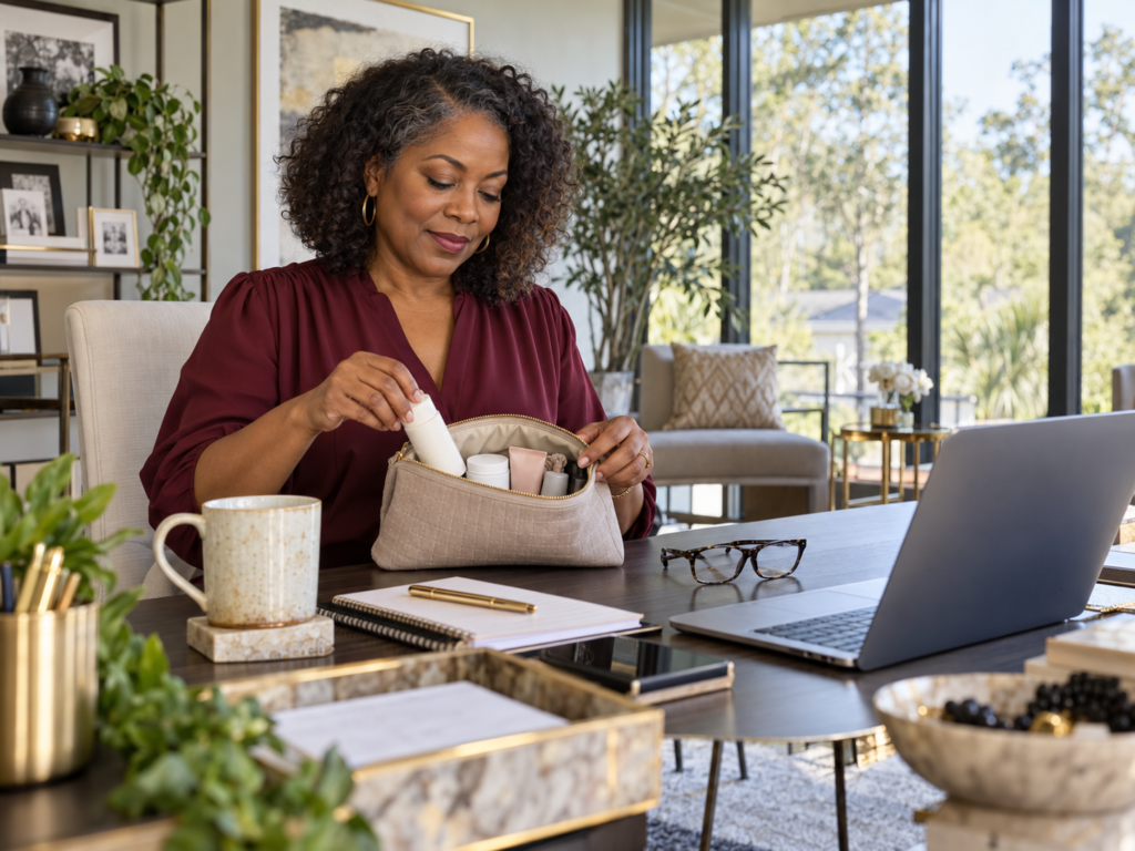 Organizing everyday natural skincare essentials in a North Charleston home office
