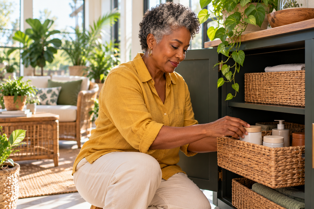 Storing natural skincare products neatly and away from direct sunlight