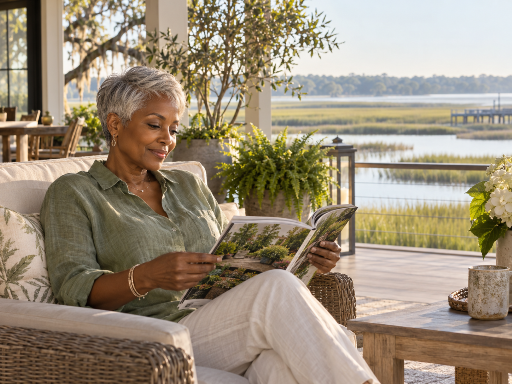 Woman enjoying a relaxed morning with naturally textured skin near North Charleston