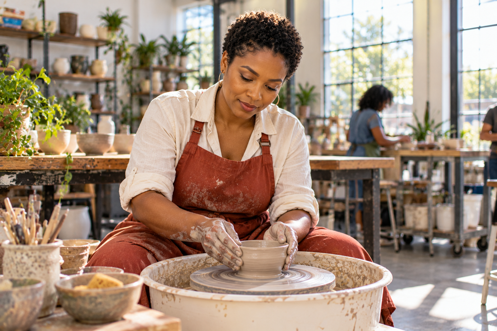 Your Skin Doesn't Have to Look Perfect to Feel Well Cared For woman with natural skin texture enjoying a pottery workshop in north charleston